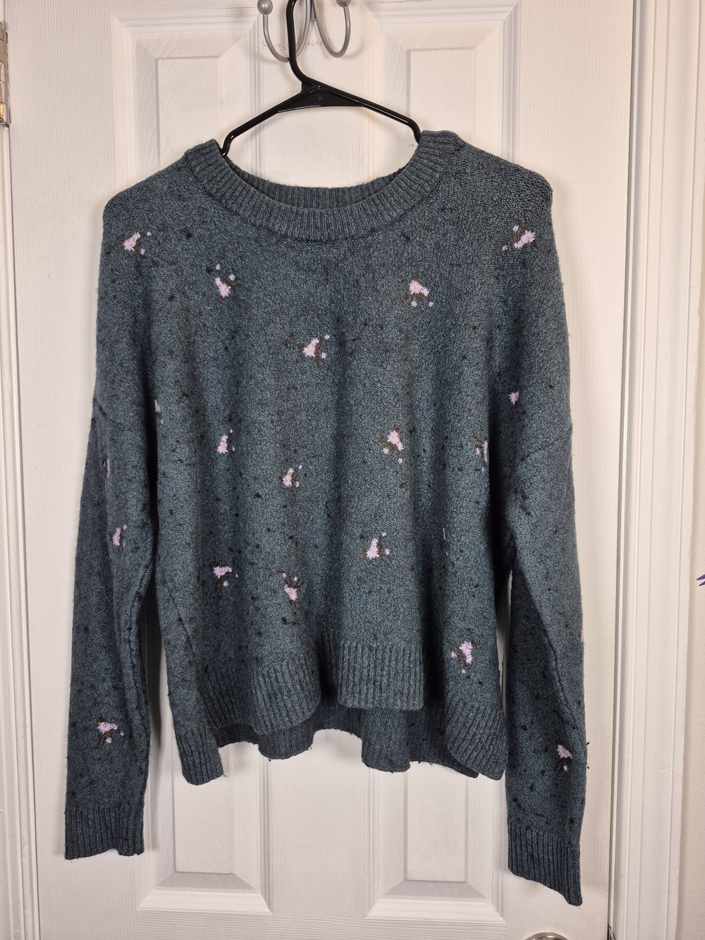 Madewell Floral Embroidered Crewneck Knit Sweater Blue Pink Soft Wool Blend L